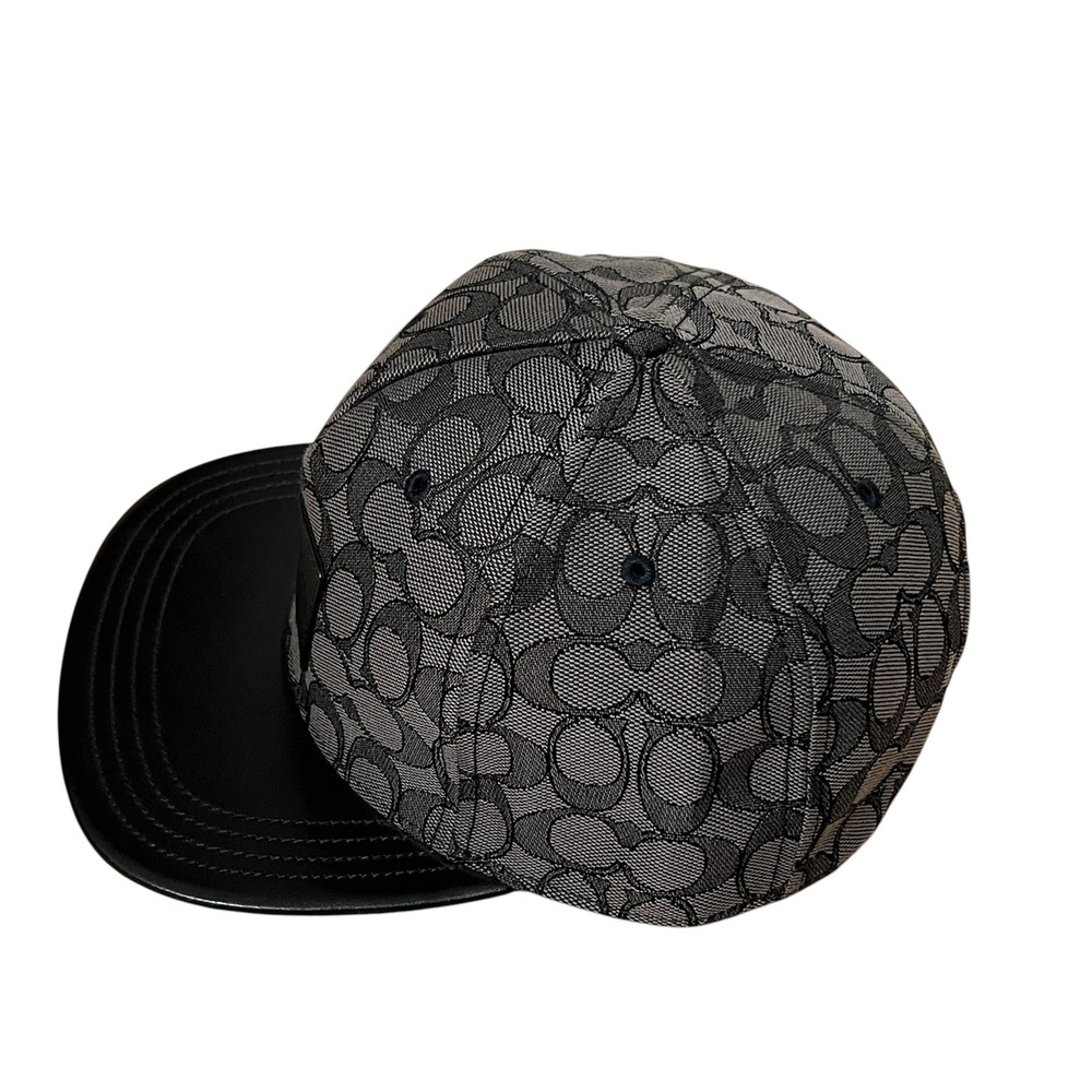 Coach Signature Jacquard Flat Brim Baseball Cap Charcoal Black Leather Logo M/L - Picture 2 of 12